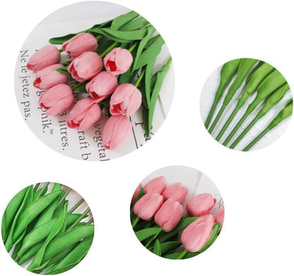 Artificial PU Tulips 10Pcs Real Touch Fake Flower Arrangement Bouquets for Home Office Wedding Decoration (Pink)