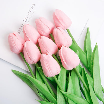 Artificial PU Tulips 10Pcs Real Touch Fake Flower Arrangement Bouquets for Home Office Wedding Decoration (Pink)