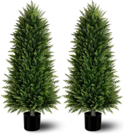 4FT Artificial Cedar Topiary Trees (2 Pack) - UV Resistant Fake Evergreen Shrubs with Extra Dense Foliage, Realistic Potted Faux Plants for Front Porch & Garden Decor