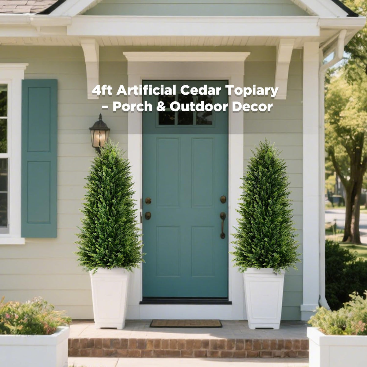 4FT Artificial Cedar Topiary Trees (2 Pack) - UV Resistant Fake Evergreen Shrubs with Extra Dense Foliage, Realistic Potted Faux Plants for Front Porch & Garden Decor