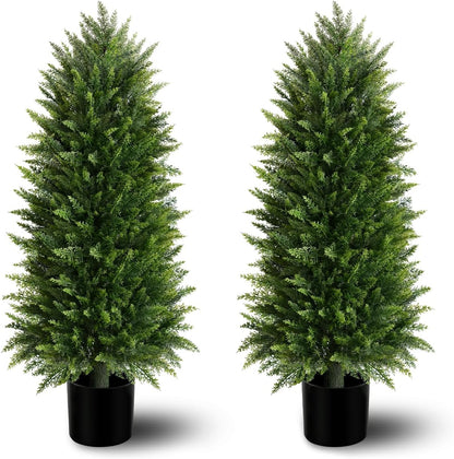 4FT Artificial Cedar Topiary Trees (2 Pack) - UV Resistant Fake Evergreen Shrubs with Extra Dense Foliage, Realistic Potted Faux Plants for Front Porch & Garden Decor