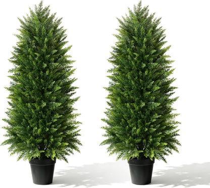 4FT Artificial Cedar Topiary Trees (2 Pack) - UV Resistant Fake Evergreen Shrubs with Extra Dense Foliage, Realistic Potted Faux Plants for Front Porch & Garden Decor