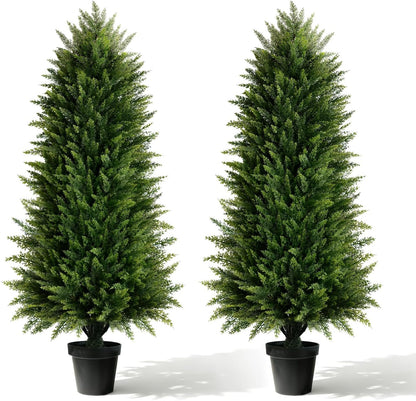 4FT Artificial Cedar Topiary Trees (2 Pack) - UV Resistant Fake Evergreen Shrubs with Extra Dense Foliage, Realistic Potted Faux Plants for Front Porch & Garden Decor