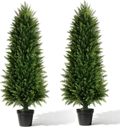 4FT Artificial Cedar Topiary Trees (2 Pack) - UV Resistant Fake Evergreen Shrubs with Extra Dense Foliage, Realistic Potted Faux Plants for Front Porch & Garden Decor