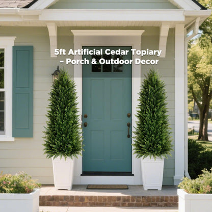4FT Artificial Cedar Topiary Trees (2 Pack) - UV Resistant Fake Evergreen Shrubs with Extra Dense Foliage, Realistic Potted Faux Plants for Front Porch & Garden Decor