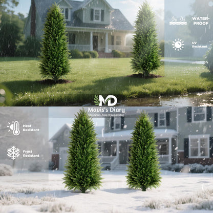 4FT Artificial Cedar Topiary Trees (2 Pack) - UV Resistant Fake Evergreen Shrubs with Extra Dense Foliage, Realistic Potted Faux Plants for Front Porch & Garden Decor