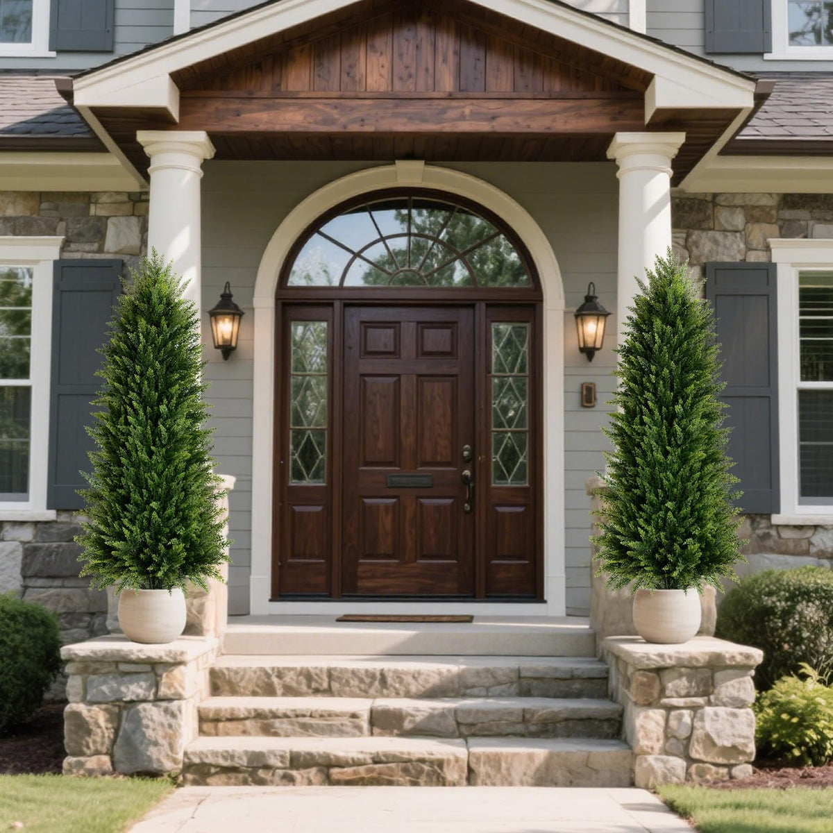 4FT Artificial Cedar Topiary Trees (2 Pack) - UV Resistant Fake Evergreen Shrubs with Extra Dense Foliage, Realistic Potted Faux Plants for Front Porch & Garden Decor