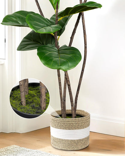 Artificial Fiddle Leaf Fig Tree 6FT with Cotton Basket | Faux Large Trees Fake Plants Tall Tree with 5 Sturdy Trunks, Indoor Artificial Plant Ficus Lifelike for Home Decor Office