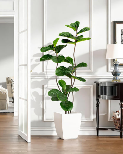 Artificial Fiddle Leaf Fig Tree 6FT with Cotton Basket | Faux Large Trees Fake Plants Tall Tree with 5 Sturdy Trunks, Indoor Artificial Plant Ficus Lifelike for Home Decor Office