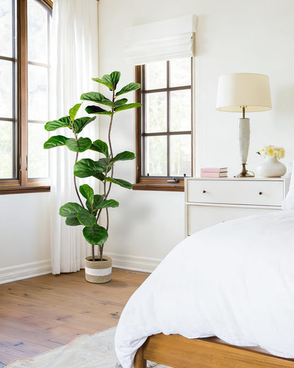 Artificial Fiddle Leaf Fig Tree 6FT with Cotton Basket | Faux Large Trees Fake Plants Tall Tree with 5 Sturdy Trunks, Indoor Artificial Plant Ficus Lifelike for Home Decor Office