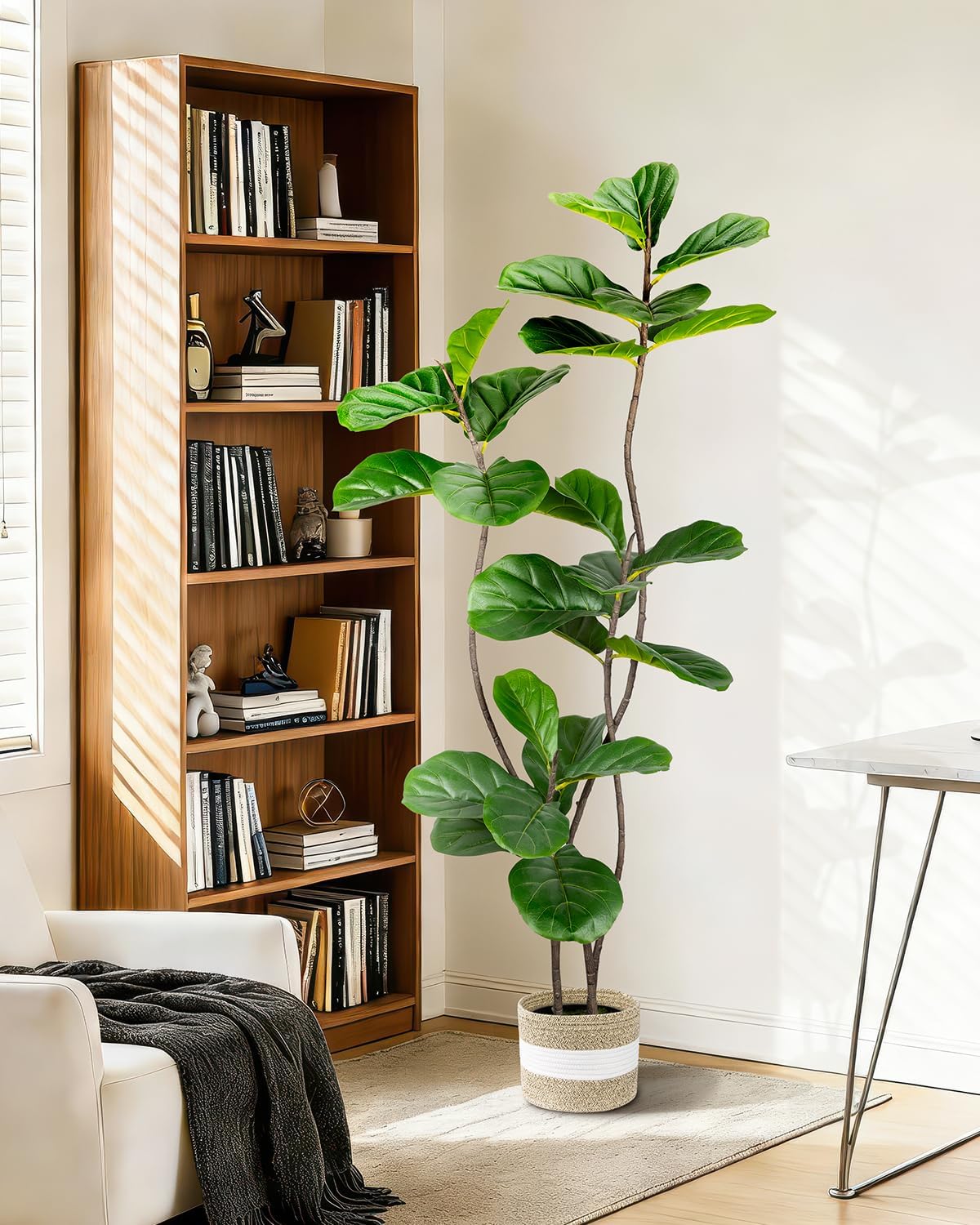 Artificial Fiddle Leaf Fig Tree 6FT with Cotton Basket | Faux Large Trees Fake Plants Tall Tree with 5 Sturdy Trunks, Indoor Artificial Plant Ficus Lifelike for Home Decor Office