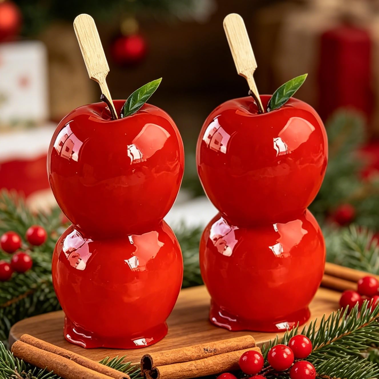 Decorative Candy Apple Props, Realistic White, Red and Brown Chocolate Dipped Apples, Christmas Holiday Theme Kitchen Decor with Wooden Sticks (red)