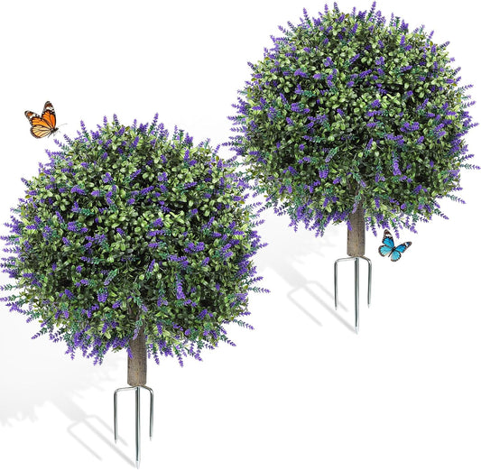 2 Pack Artificial Topiary Ball Trees, Fake Plants for Outdoor Indoor Artificial Shrubs with Ground Spike, UV Resistant Fake Bushes for Front Porch, Patio (Artificial Purple Lavender Flowers Tree)