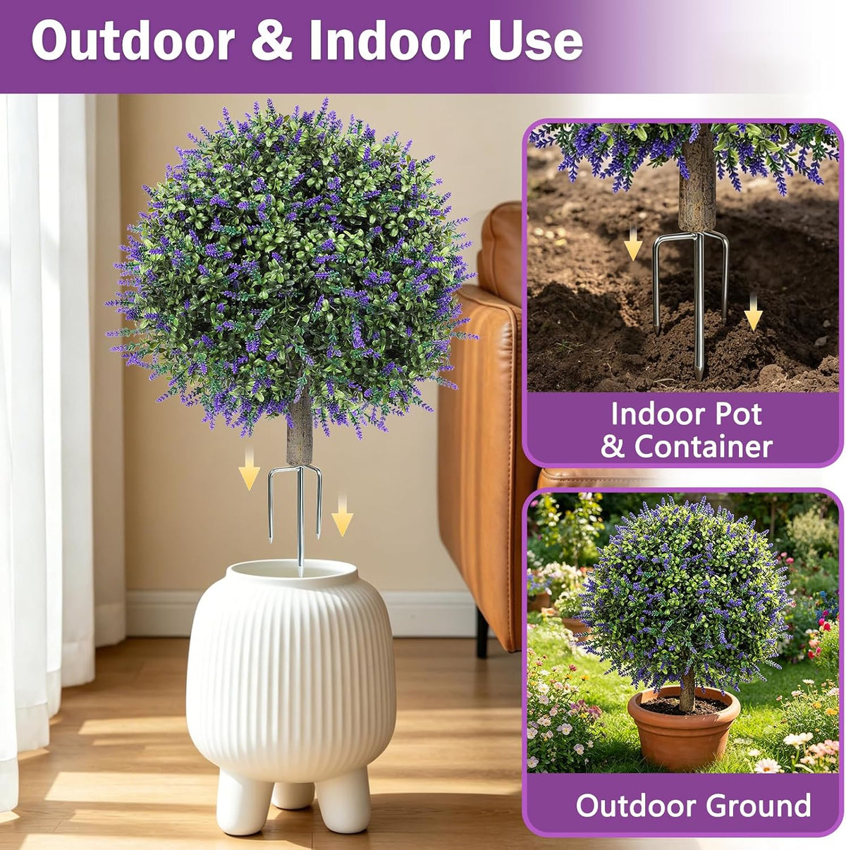 2 Pack Artificial Topiary Ball Trees, Fake Plants for Outdoor Indoor Artificial Shrubs with Ground Spike, UV Resistant Fake Bushes for Front Porch, Patio (Artificial Purple Lavender Flowers Tree)