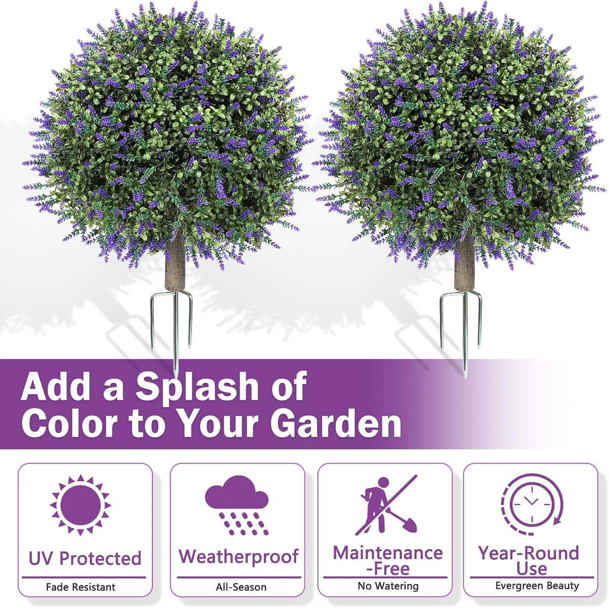 2 Pack Artificial Topiary Ball Trees, Fake Plants for Outdoor Indoor Artificial Shrubs with Ground Spike, UV Resistant Fake Bushes for Front Porch, Patio (Artificial Purple Lavender Flowers Tree)
