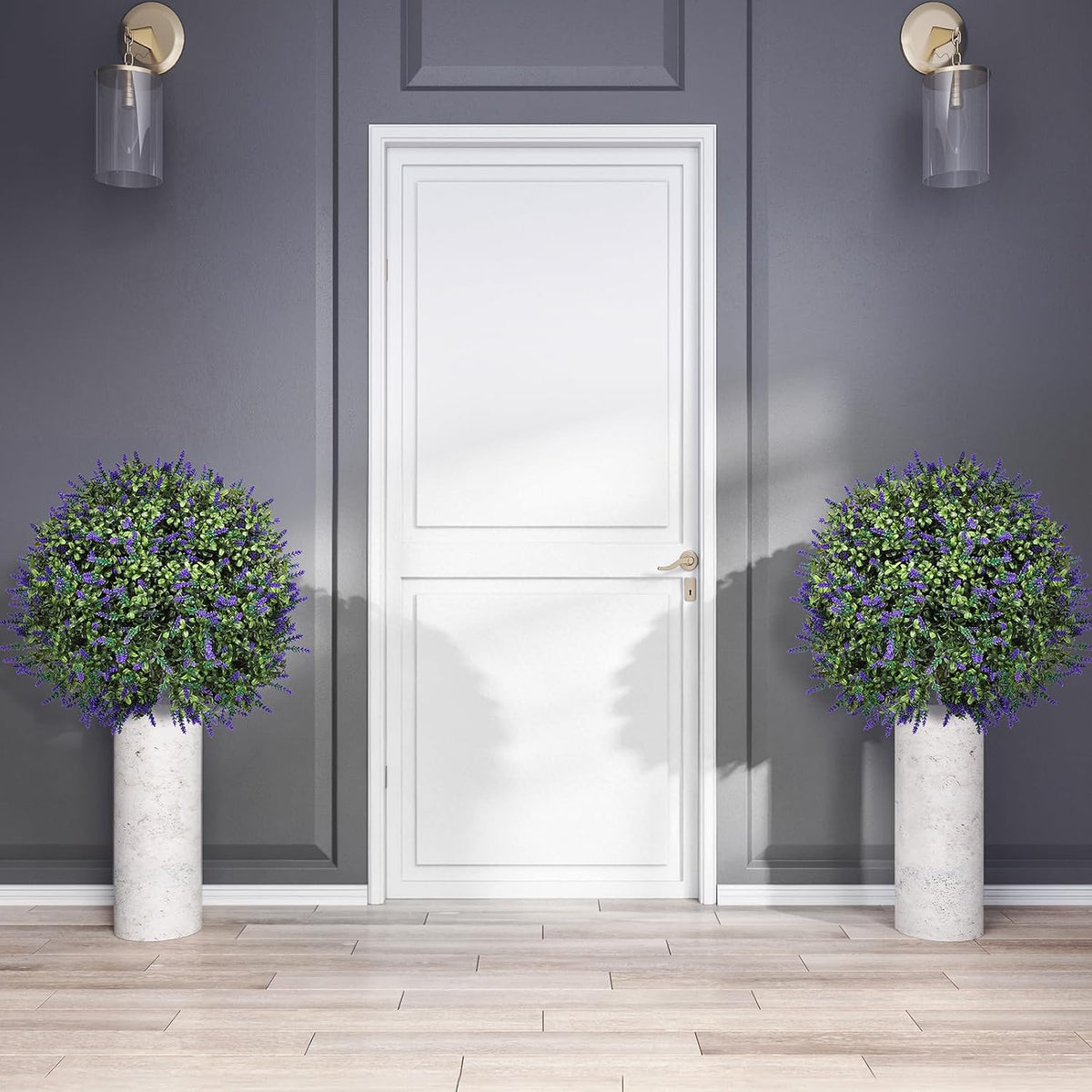 2 Pack Artificial Topiary Ball Trees, Fake Plants for Outdoor Indoor Artificial Shrubs with Ground Spike, UV Resistant Fake Bushes for Front Porch, Patio (Artificial Purple Lavender Flowers Tree)