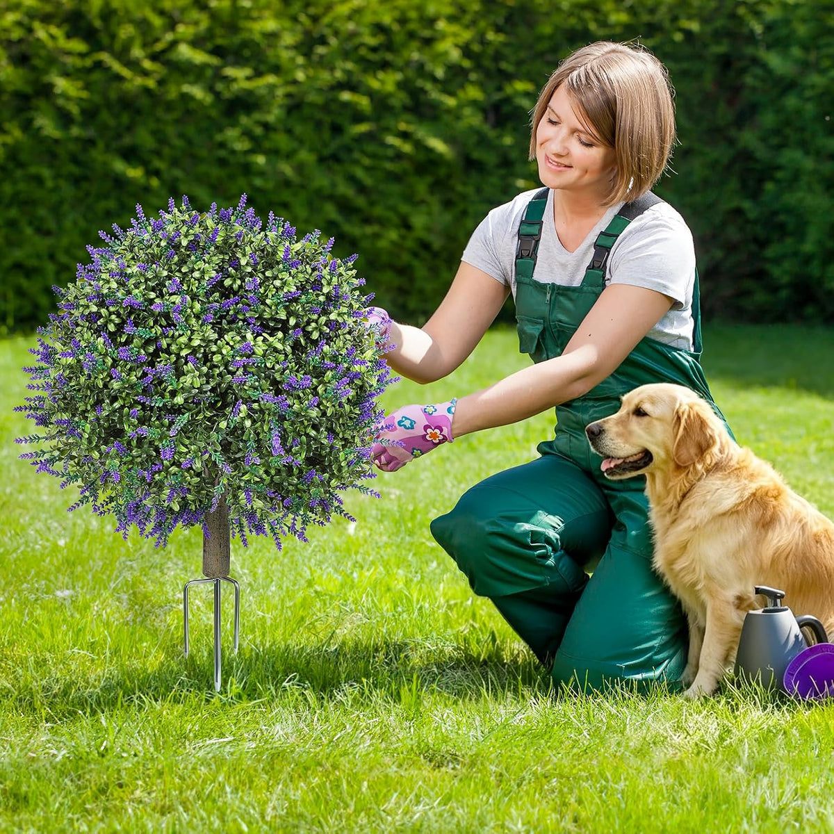 2 Pack Artificial Topiary Ball Trees, Fake Plants for Outdoor Indoor Artificial Shrubs with Ground Spike, UV Resistant Fake Bushes for Front Porch, Patio (Artificial Purple Lavender Flowers Tree)