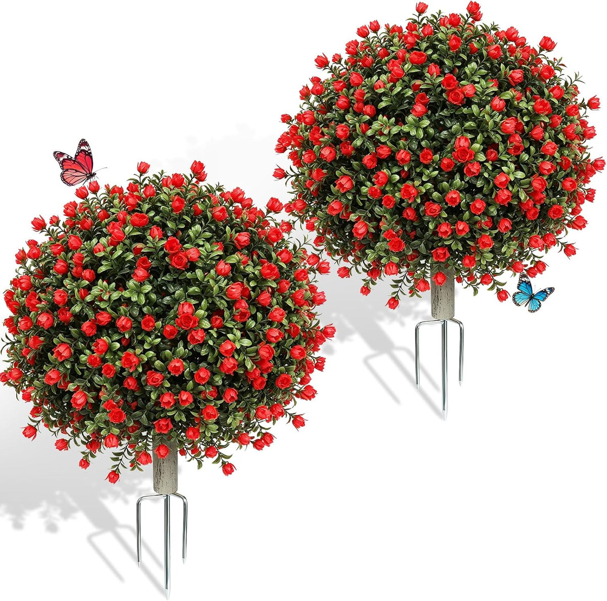 2 Pack Artificial Topiary Ball Trees, Fake Plants for Outdoor Indoor Artificial Shrubs with Ground Spike, UV Resistant Fake Bushes for Front Porch, Patio (Artificial Purple Lavender Flowers Tree)