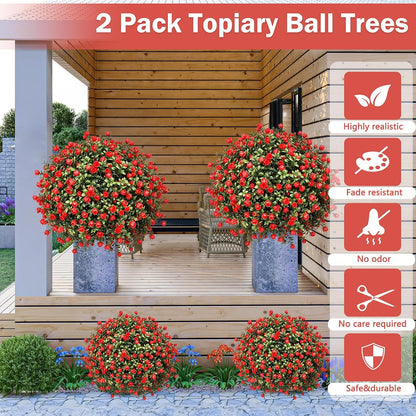 2 Pack Artificial Topiary Ball Trees, Fake Plants for Outdoor Indoor Artificial Shrubs with Ground Spike, UV Resistant Fake Bushes for Front Porch, Patio (Artificial Purple Lavender Flowers Tree)