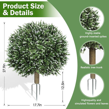 2 Pack Artificial Topiary Ball Trees, Fake Plants for Outdoor Indoor Artificial Shrubs with Ground Spike, UV Resistant Fake Bushes for Front Porch, Patio (Artificial Purple Lavender Flowers Tree)