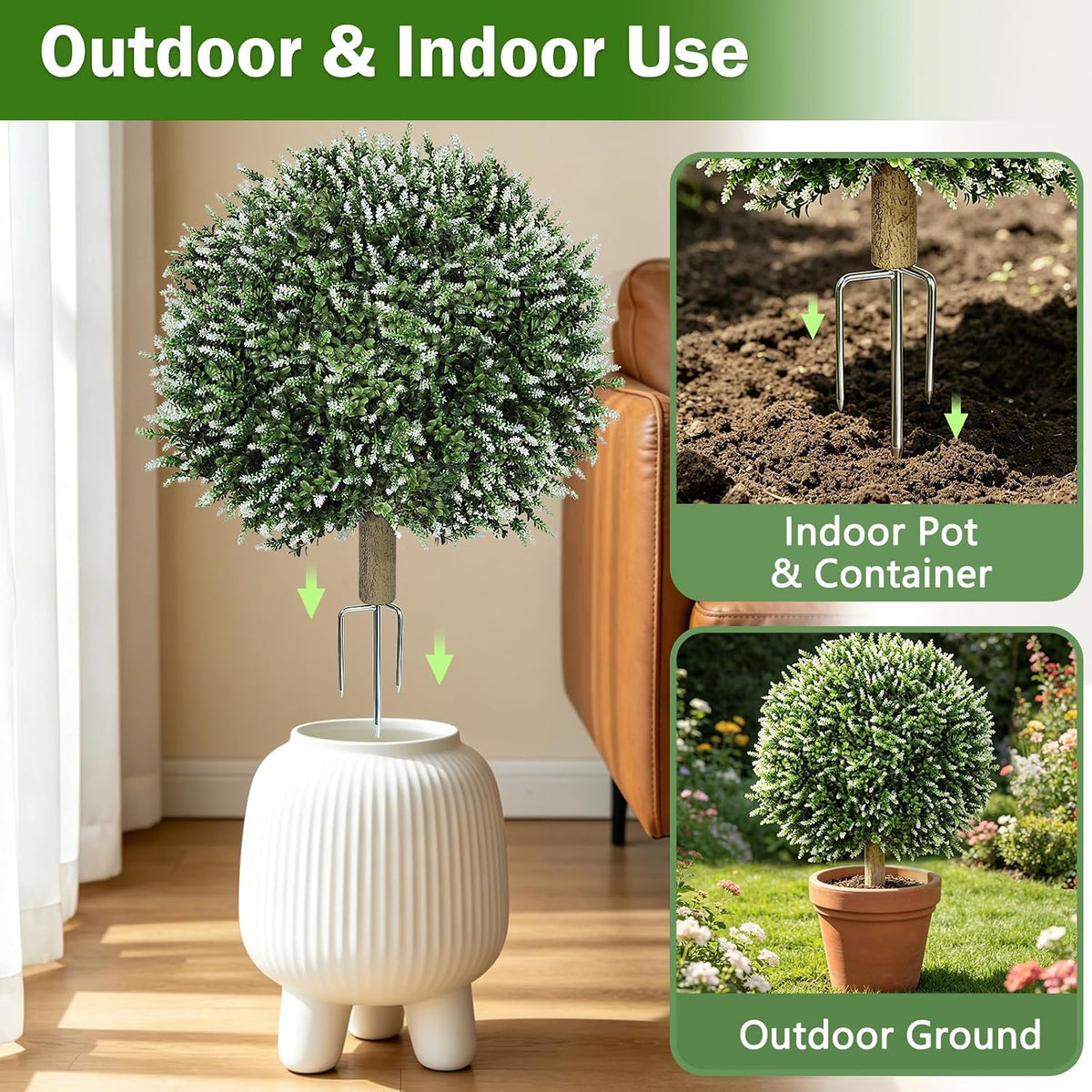 2 Pack Artificial Topiary Ball Trees, Fake Plants for Outdoor Indoor Artificial Shrubs with Ground Spike, UV Resistant Fake Bushes for Front Porch, Patio (Artificial Purple Lavender Flowers Tree)