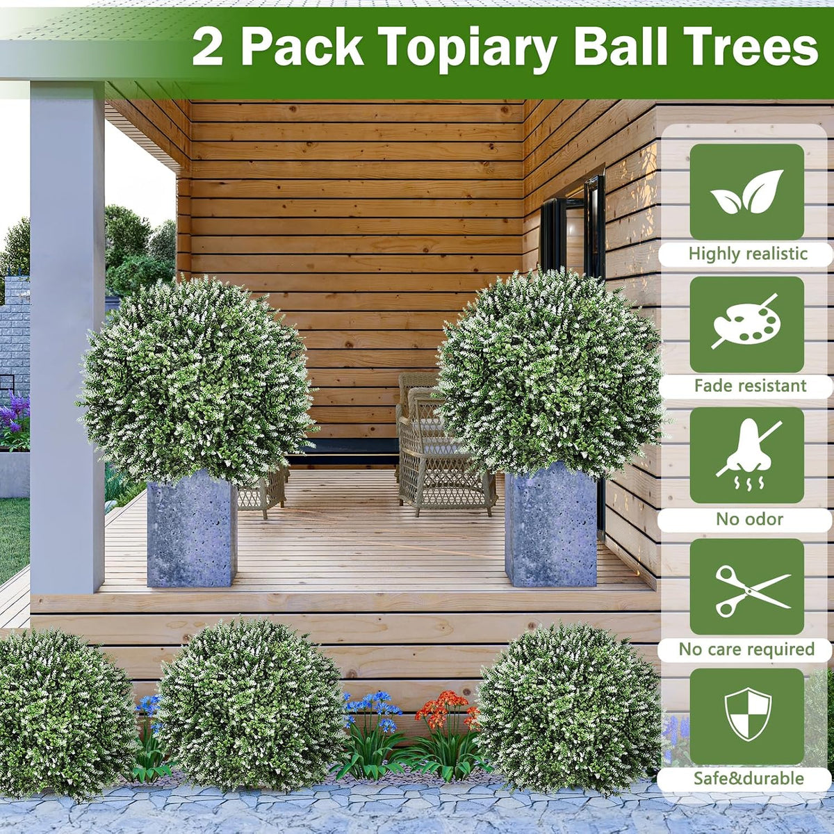 2 Pack Artificial Topiary Ball Trees, Fake Plants for Outdoor Indoor Artificial Shrubs with Ground Spike, UV Resistant Fake Bushes for Front Porch, Patio (Artificial Purple Lavender Flowers Tree)