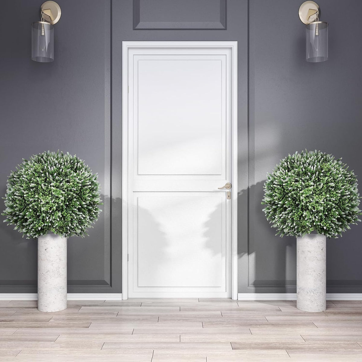 2 Pack Artificial Topiary Ball Trees, Fake Plants for Outdoor Indoor Artificial Shrubs with Ground Spike, UV Resistant Fake Bushes for Front Porch, Patio (Artificial Purple Lavender Flowers Tree)