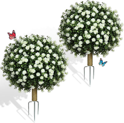 2 Pack Artificial Topiary Ball Trees, Fake Plants for Outdoor Indoor Artificial Shrubs with Ground Spike, UV Resistant Fake Bushes for Front Porch, Patio (Artificial Purple Lavender Flowers Tree)