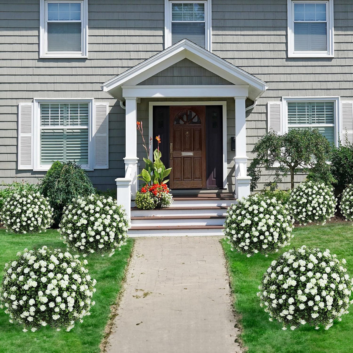 2 Pack Artificial Topiary Ball Trees, Fake Plants for Outdoor Indoor Artificial Shrubs with Ground Spike, UV Resistant Fake Bushes for Front Porch, Patio (Artificial Purple Lavender Flowers Tree)