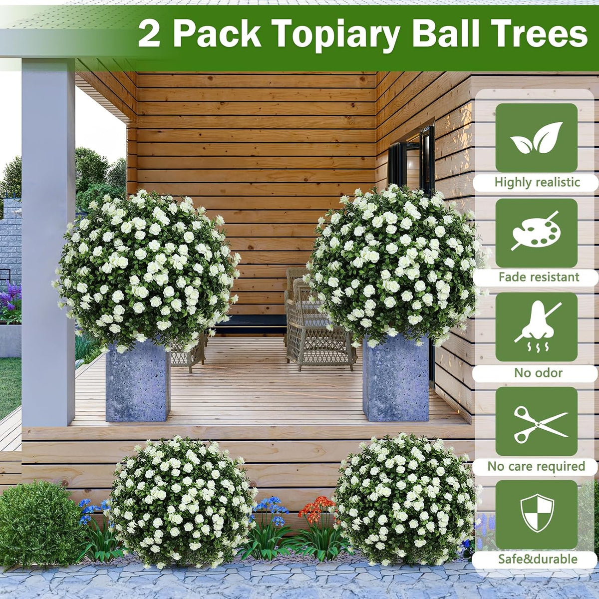 2 Pack Artificial Topiary Ball Trees, Fake Plants for Outdoor Indoor Artificial Shrubs with Ground Spike, UV Resistant Fake Bushes for Front Porch, Patio (Artificial Purple Lavender Flowers Tree)