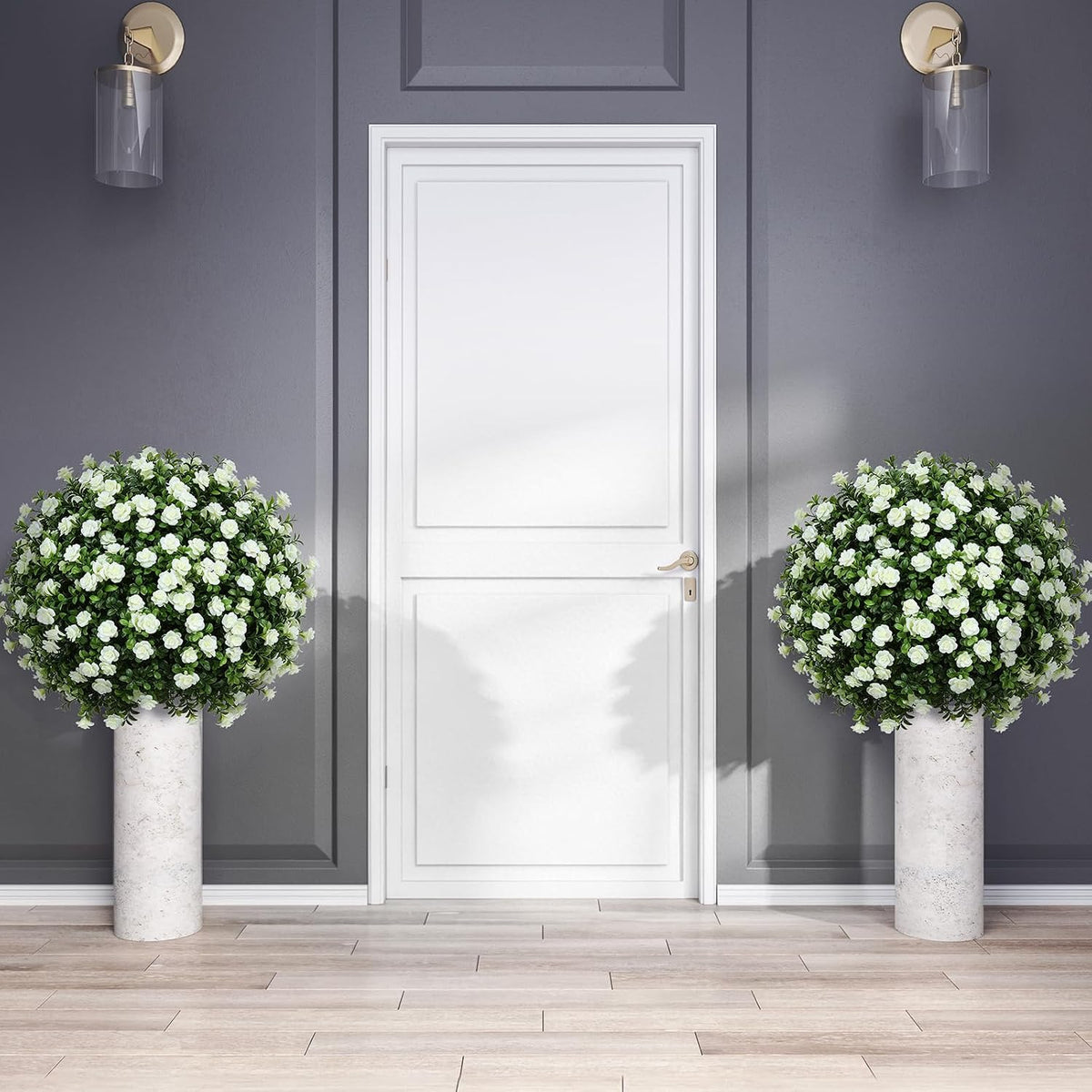 2 Pack Artificial Topiary Ball Trees, Fake Plants for Outdoor Indoor Artificial Shrubs with Ground Spike, UV Resistant Fake Bushes for Front Porch, Patio (Artificial Purple Lavender Flowers Tree)