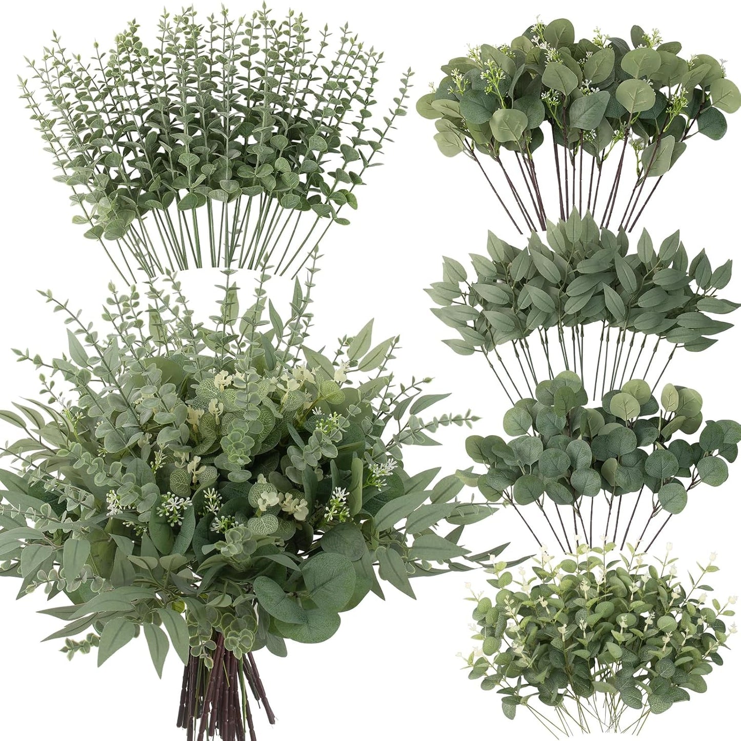 100 Pcs Mixed Greenery Artificial Eucalyptus Stems, Baby Breath Artificial Flowers Bulk and Eucalyptus Leaves for Wedding Bouquets Home Office Floral Decor (100, Green and White)