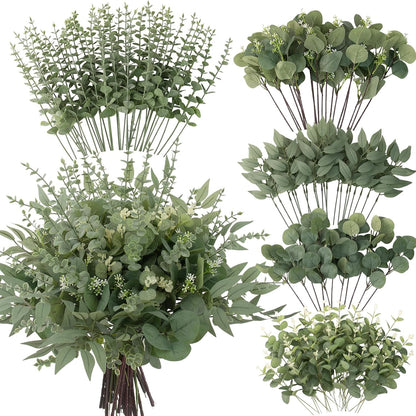 100 Pcs Mixed Greenery Artificial Eucalyptus Stems, Baby Breath Artificial Flowers Bulk and Eucalyptus Leaves for Wedding Bouquets Home Office Floral Decor (100, Green and White)
