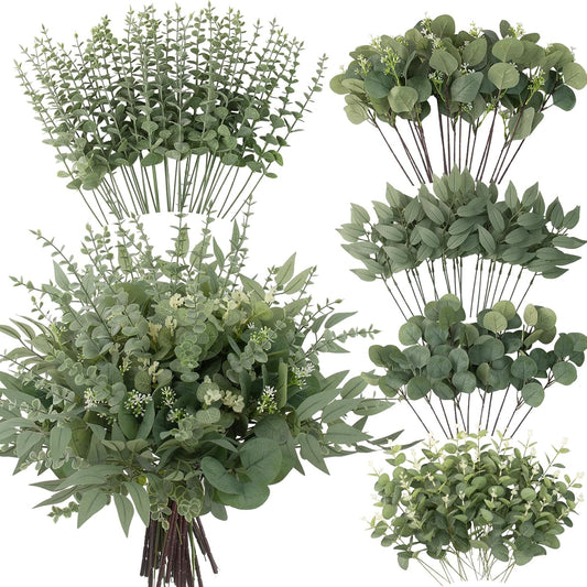 100 Pcs Mixed Greenery Artificial Eucalyptus Stems, Baby Breath Artificial Flowers Bulk and Eucalyptus Leaves for Wedding Bouquets Home Office Floral Decor (100, Green and White)