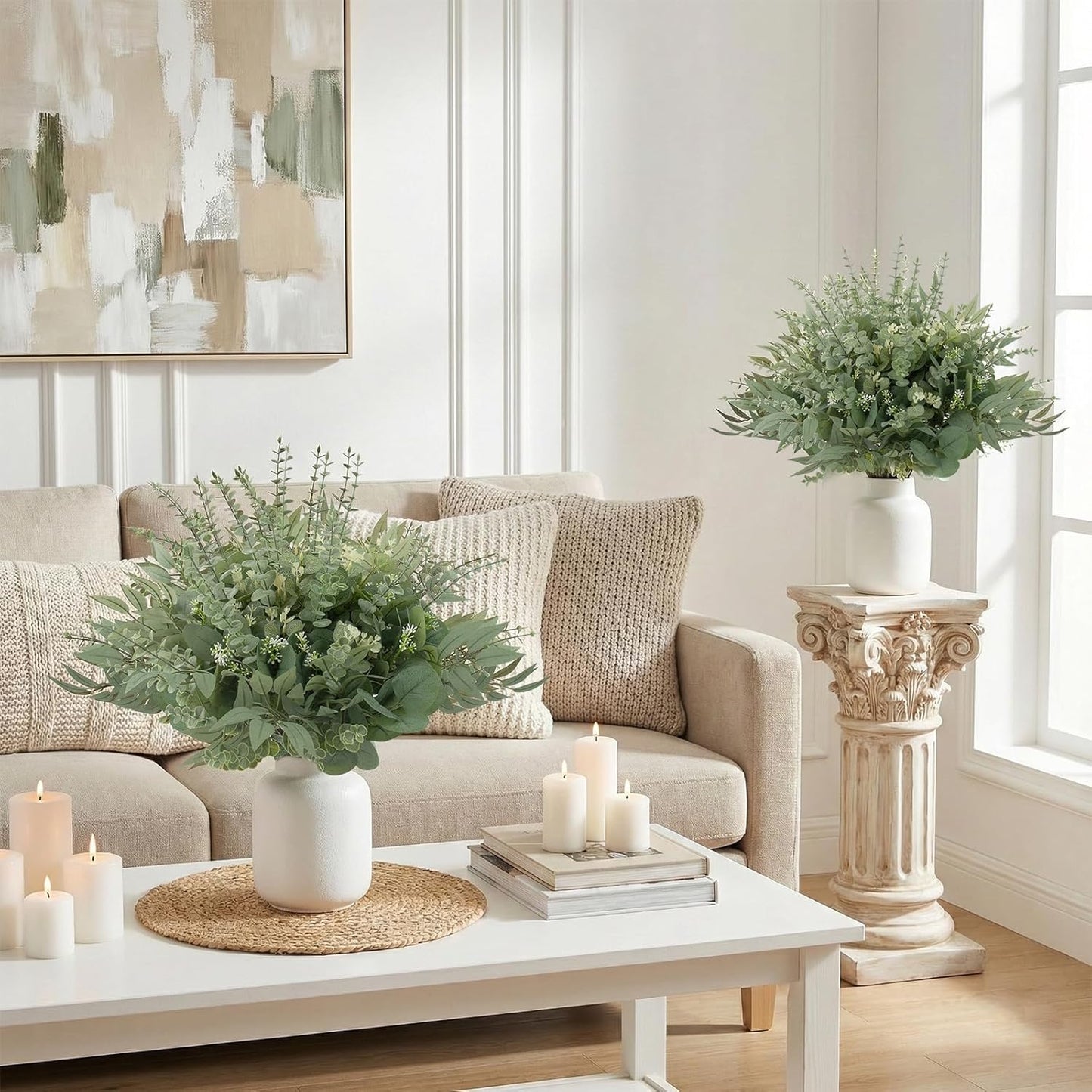 100 Pcs Mixed Greenery Artificial Eucalyptus Stems, Baby Breath Artificial Flowers Bulk and Eucalyptus Leaves for Wedding Bouquets Home Office Floral Decor (100, Green and White)