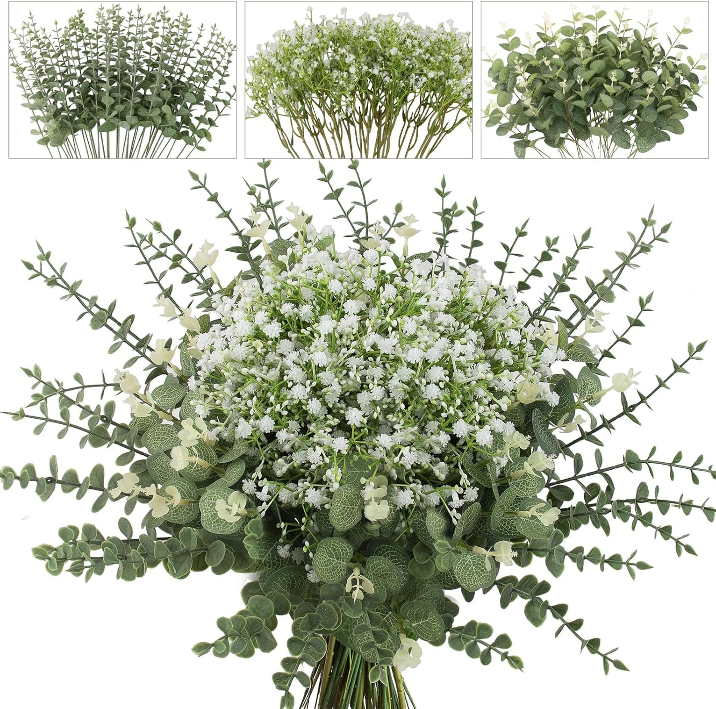100 Pcs Mixed Greenery Artificial Eucalyptus Stems, Baby Breath Artificial Flowers Bulk and Eucalyptus Leaves for Wedding Bouquets Home Office Floral Decor (100, Green and White)