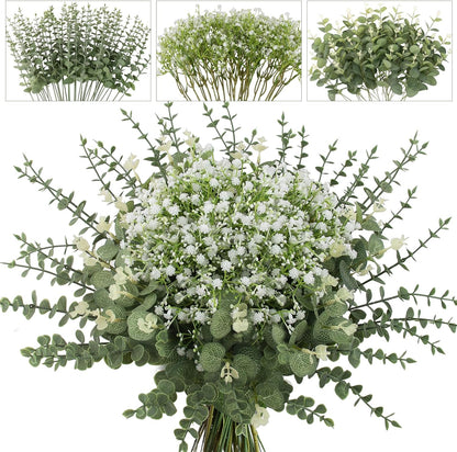 100 Pcs Mixed Greenery Artificial Eucalyptus Stems, Baby Breath Artificial Flowers Bulk and Eucalyptus Leaves for Wedding Bouquets Home Office Floral Decor (100, Green and White)