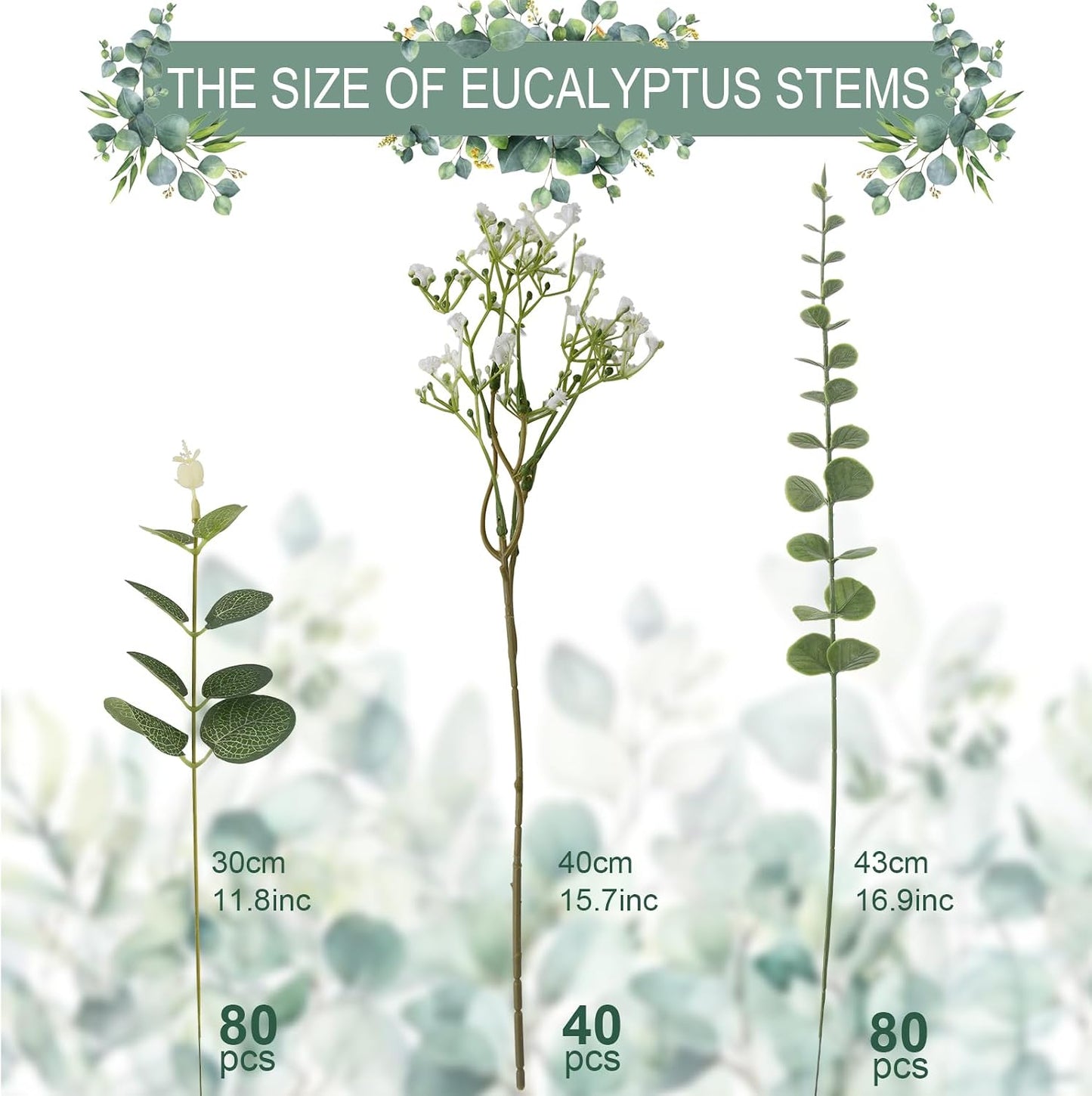 100 Pcs Mixed Greenery Artificial Eucalyptus Stems, Baby Breath Artificial Flowers Bulk and Eucalyptus Leaves for Wedding Bouquets Home Office Floral Decor (100, Green and White)