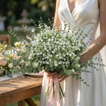 100 Pcs Mixed Greenery Artificial Eucalyptus Stems, Baby Breath Artificial Flowers Bulk and Eucalyptus Leaves for Wedding Bouquets Home Office Floral Decor (100, Green and White)