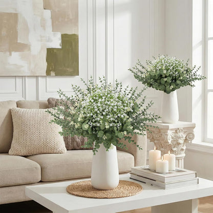 100 Pcs Mixed Greenery Artificial Eucalyptus Stems, Baby Breath Artificial Flowers Bulk and Eucalyptus Leaves for Wedding Bouquets Home Office Floral Decor (100, Green and White)