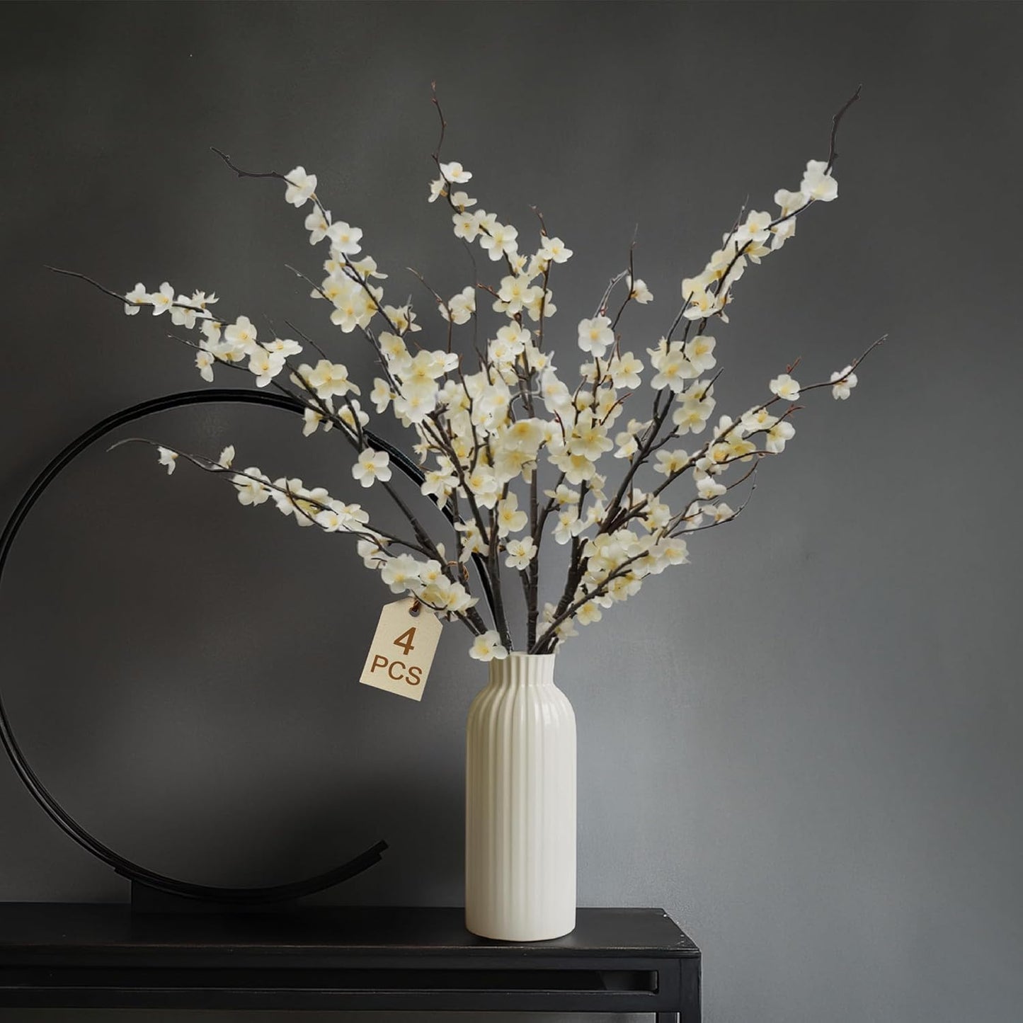Cherry Blossom Branches 39 Inch 6PC White Cheery Blossom Branches for Decor | White Cherry Blossom Branches Faux Cherry Blossom Decor, Trimmable Silk Flowers for Home Decor Indoor, Table Centerpieces