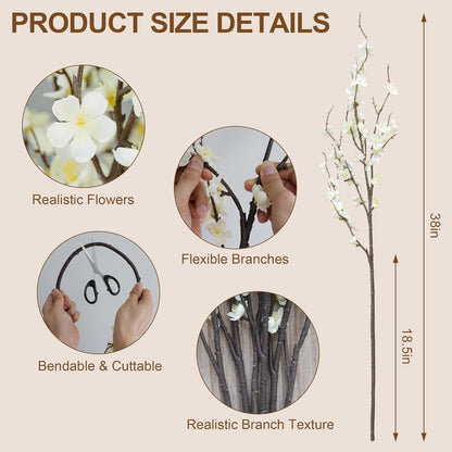 Cherry Blossom Branches 39 Inch 6PC White Cheery Blossom Branches for Decor | White Cherry Blossom Branches Faux Cherry Blossom Decor, Trimmable Silk Flowers for Home Decor Indoor, Table Centerpieces