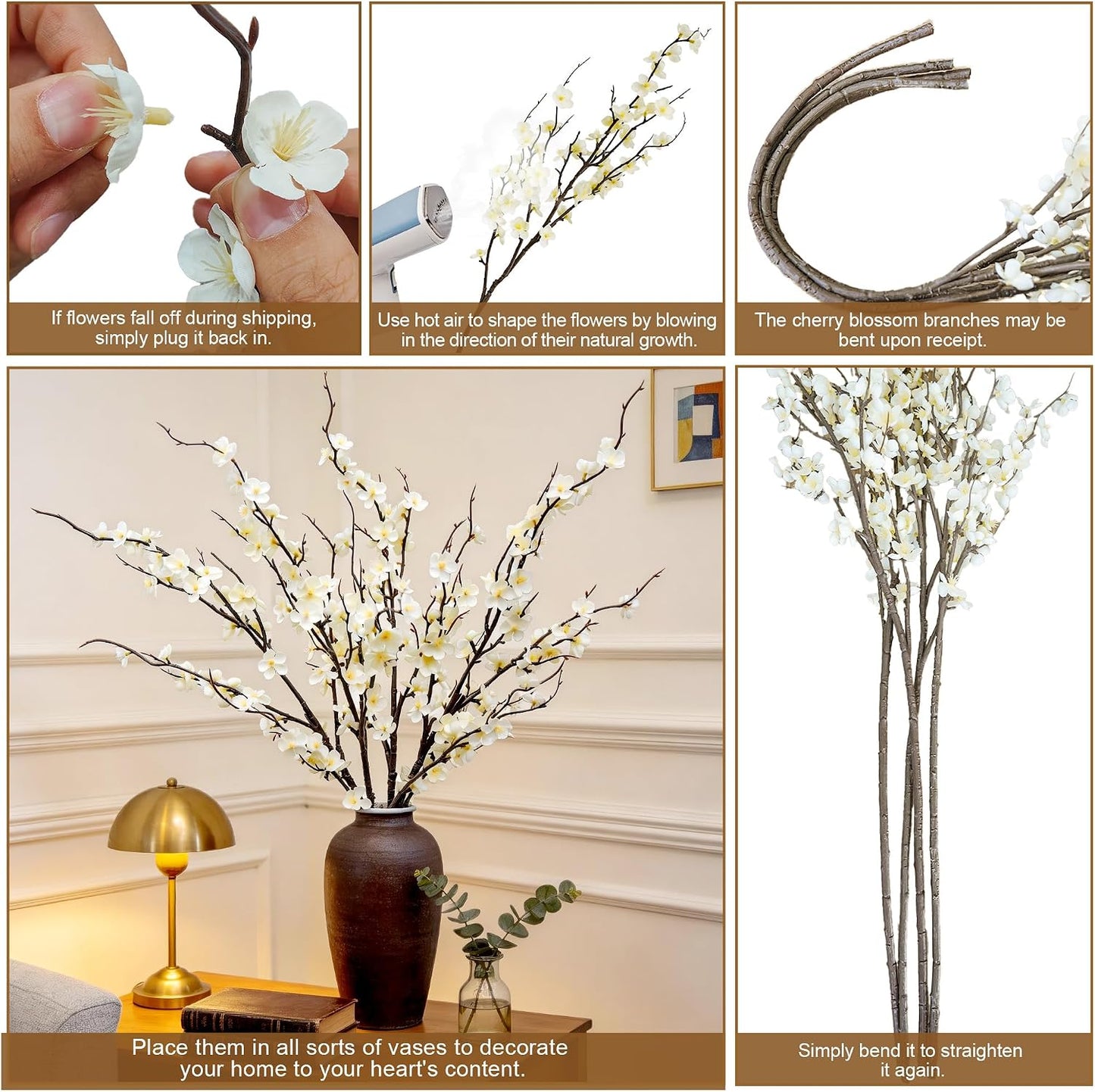 Cherry Blossom Branches 39 Inch 6PC White Cheery Blossom Branches for Decor | White Cherry Blossom Branches Faux Cherry Blossom Decor, Trimmable Silk Flowers for Home Decor Indoor, Table Centerpieces