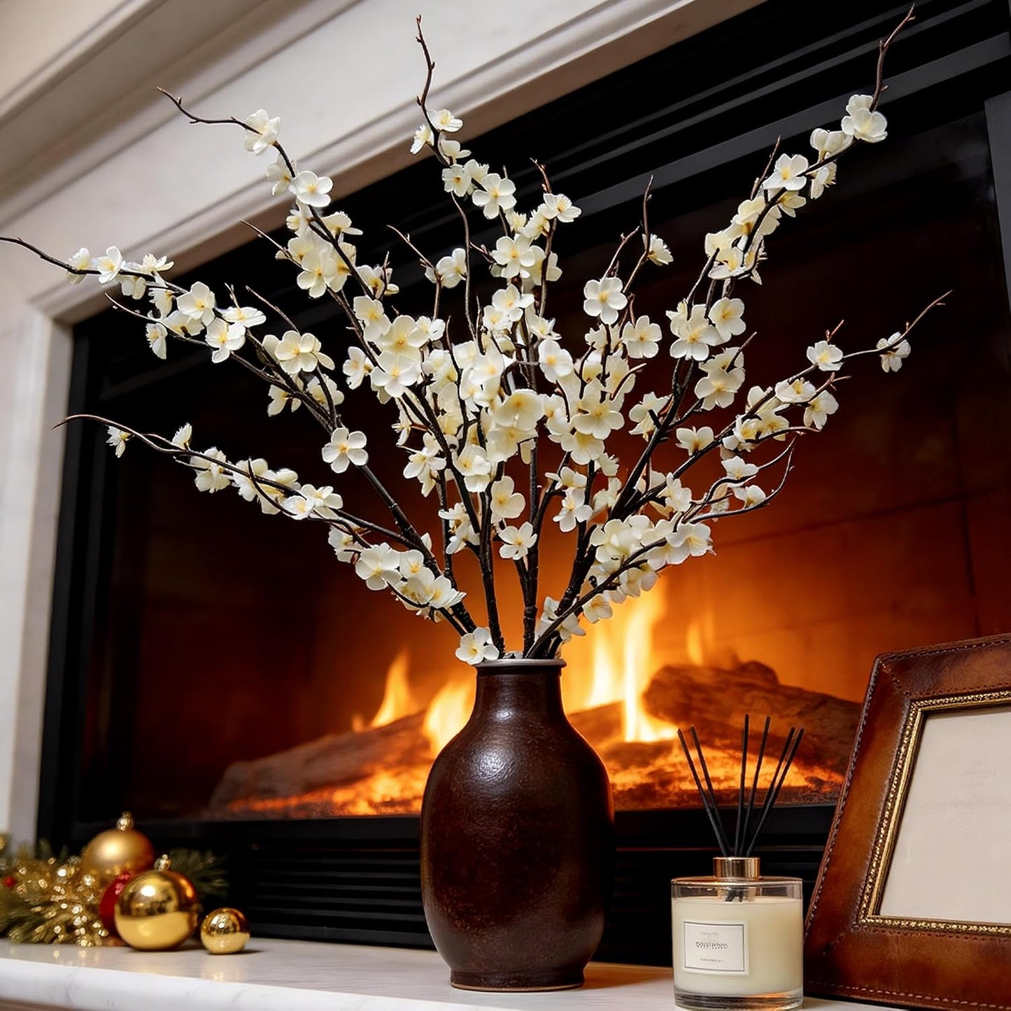 Cherry Blossom Branches 39 Inch 6PC White Cheery Blossom Branches for Decor | White Cherry Blossom Branches Faux Cherry Blossom Decor, Trimmable Silk Flowers for Home Decor Indoor, Table Centerpieces