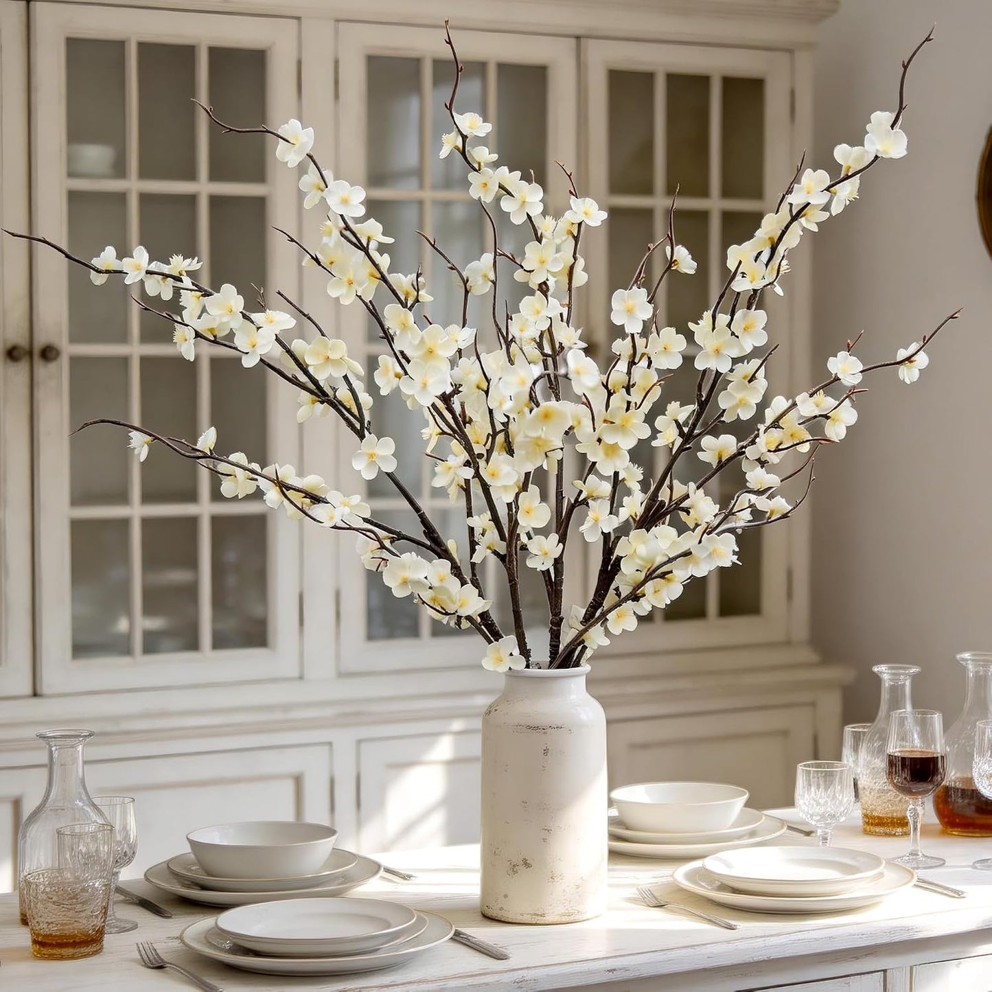 Cherry Blossom Branches 39 Inch 6PC White Cheery Blossom Branches for Decor | White Cherry Blossom Branches Faux Cherry Blossom Decor, Trimmable Silk Flowers for Home Decor Indoor, Table Centerpieces