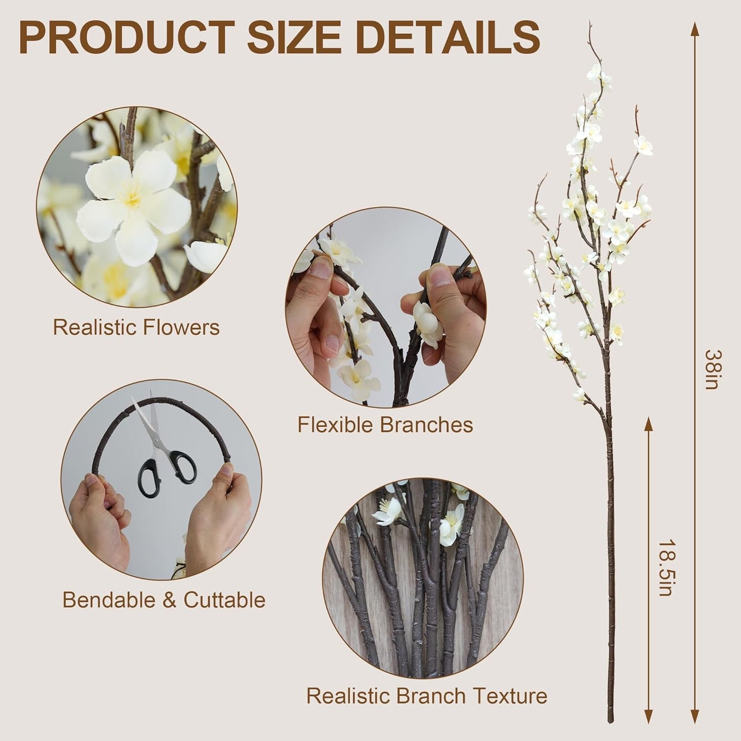 Cherry Blossom Branches 39 Inch 6PC White Cheery Blossom Branches for Decor | White Cherry Blossom Branches Faux Cherry Blossom Decor, Trimmable Silk Flowers for Home Decor Indoor, Table Centerpieces