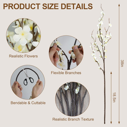 Cherry Blossom Branches 39 Inch 6PC White Cheery Blossom Branches for Decor | White Cherry Blossom Branches Faux Cherry Blossom Decor, Trimmable Silk Flowers for Home Decor Indoor, Table Centerpieces