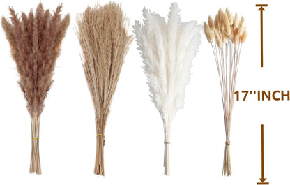 100 PCS Small Boho Pampas Grass, 17" Naturally Dried Pompas, Pampas Grass Decor for Wedding , Boho Party Decorations, Table Decor（Brown and White）