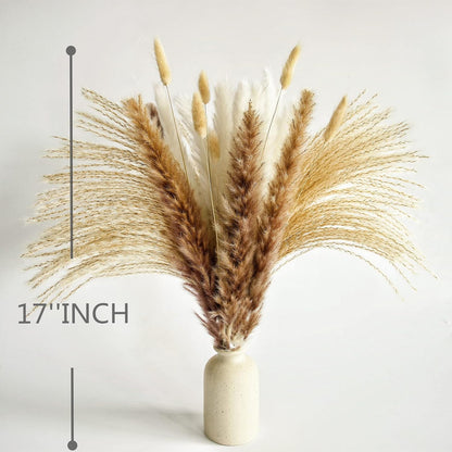 100 PCS Small Boho Pampas Grass, 17" Naturally Dried Pompas, Pampas Grass Decor for Wedding , Boho Party Decorations, Table Decor（Brown and White）