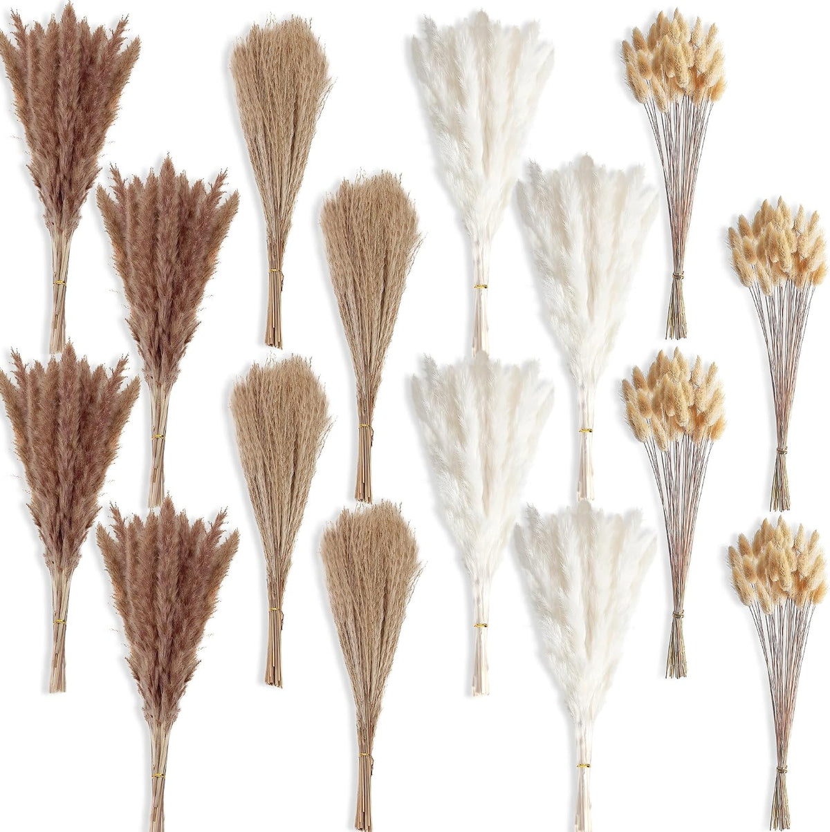 100 PCS Small Boho Pampas Grass, 17" Naturally Dried Pompas, Pampas Grass Decor for Wedding , Boho Party Decorations, Table Decor（Brown and White）